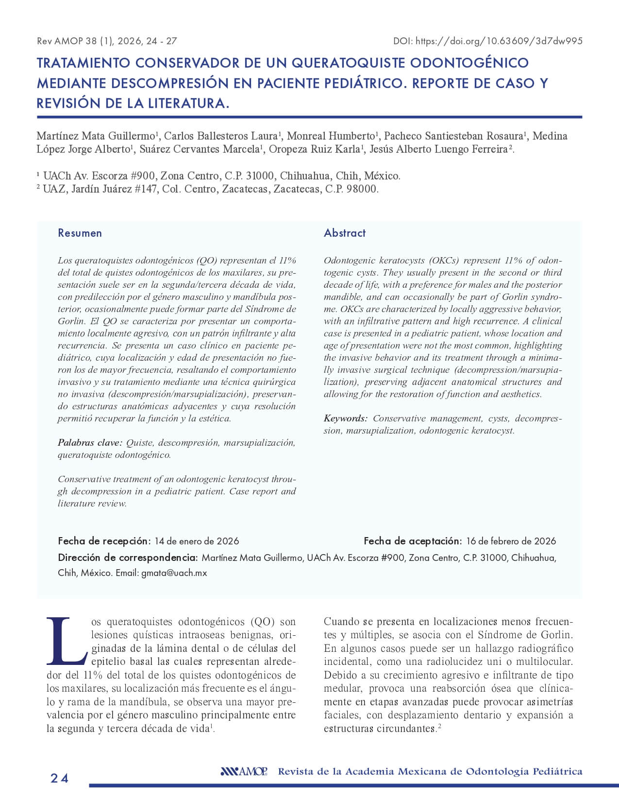 V38N1 A4 - Tratamiento conservador de un queratoquiste odontogénico mediante descompresión en paciente pediátrico. Reporte de caso y revisión de la literatura