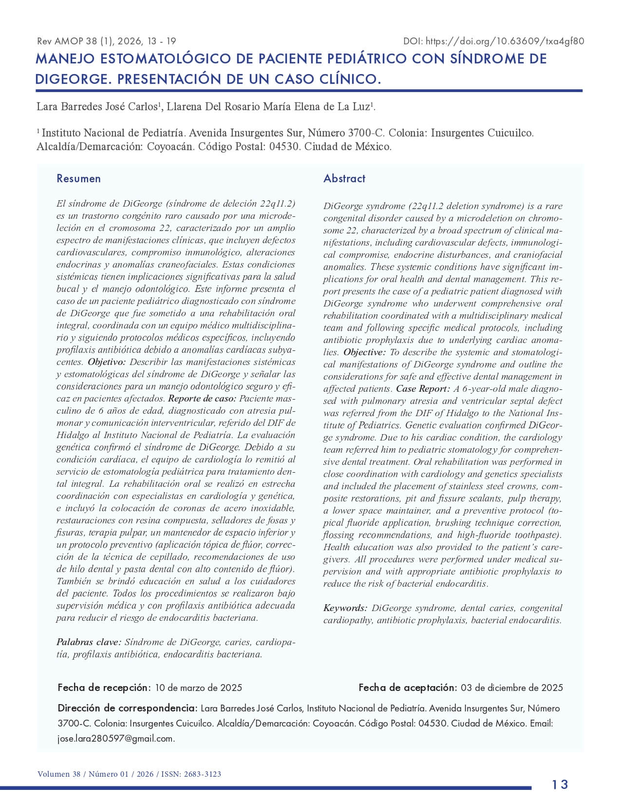 V38N1 A2- Manejo estomatológico de paciente pediátrico con síndrome de DiGeorge. Presentación de un caso clínico