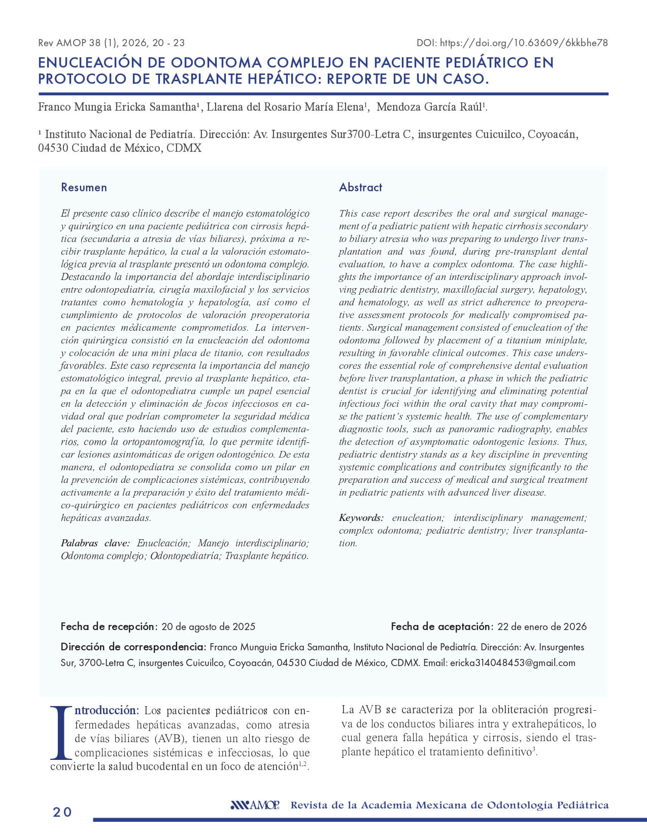 V38N1 A3 - Enucleación de Odontoma Complejo en paciente próximo a recibir trasplante hepático reporte de un caso